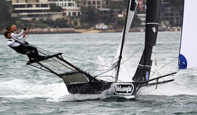 De'Longhi crew ride a squall in Race 5 ©  Frank Quealey / Australian 18 Footers League